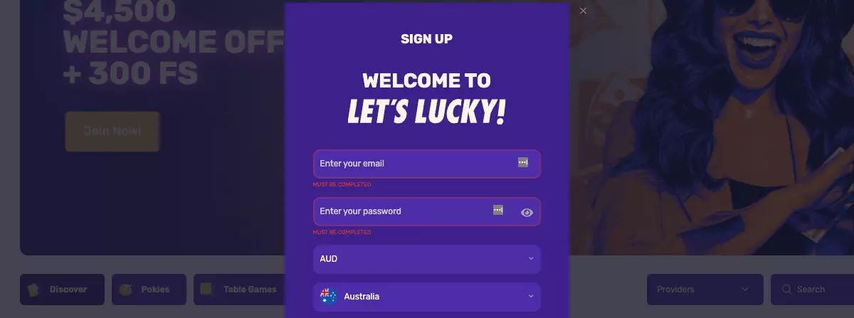 Sign Up at Let's Lucky Casino